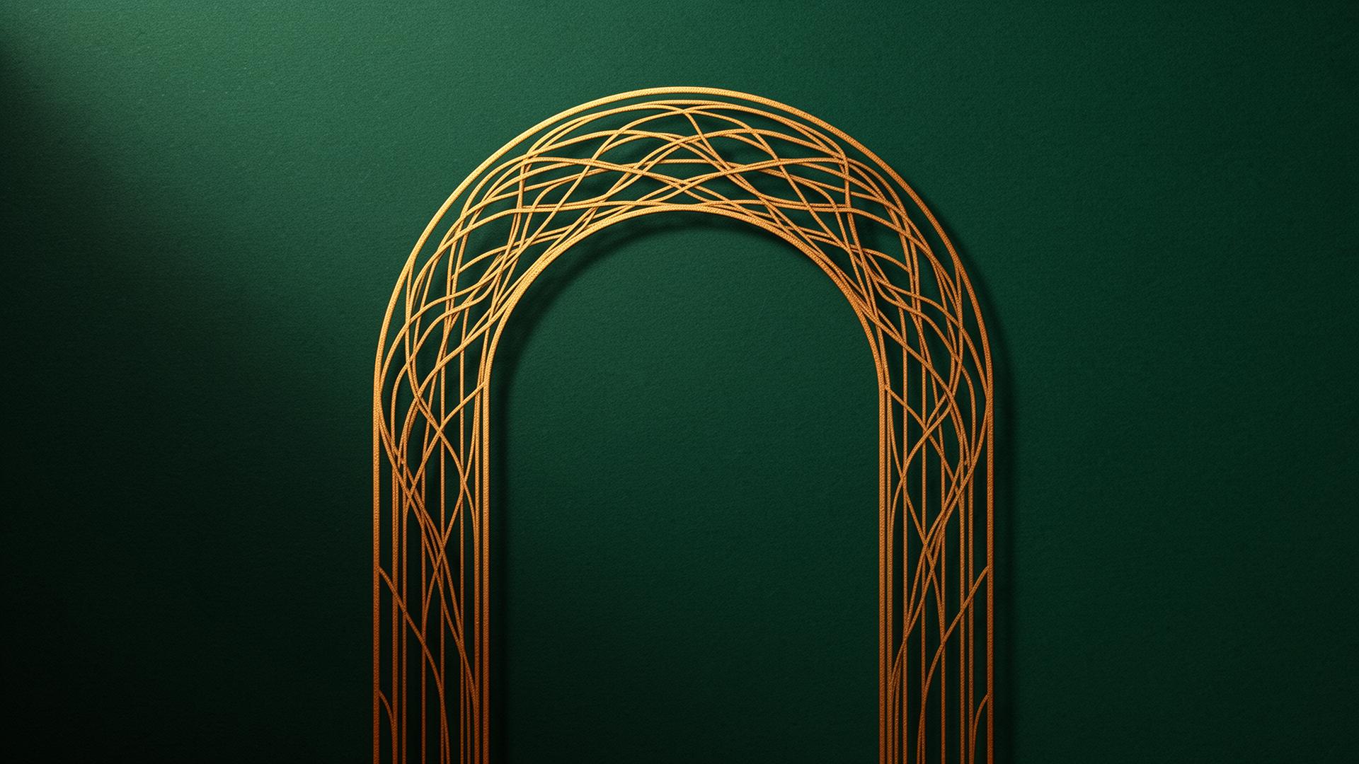 Abstract gold arch on emerald background